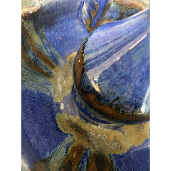 Art Pottery Oil Lamp Signed rustic Blue & Brown Drip Glaze - Picture 7 of 7